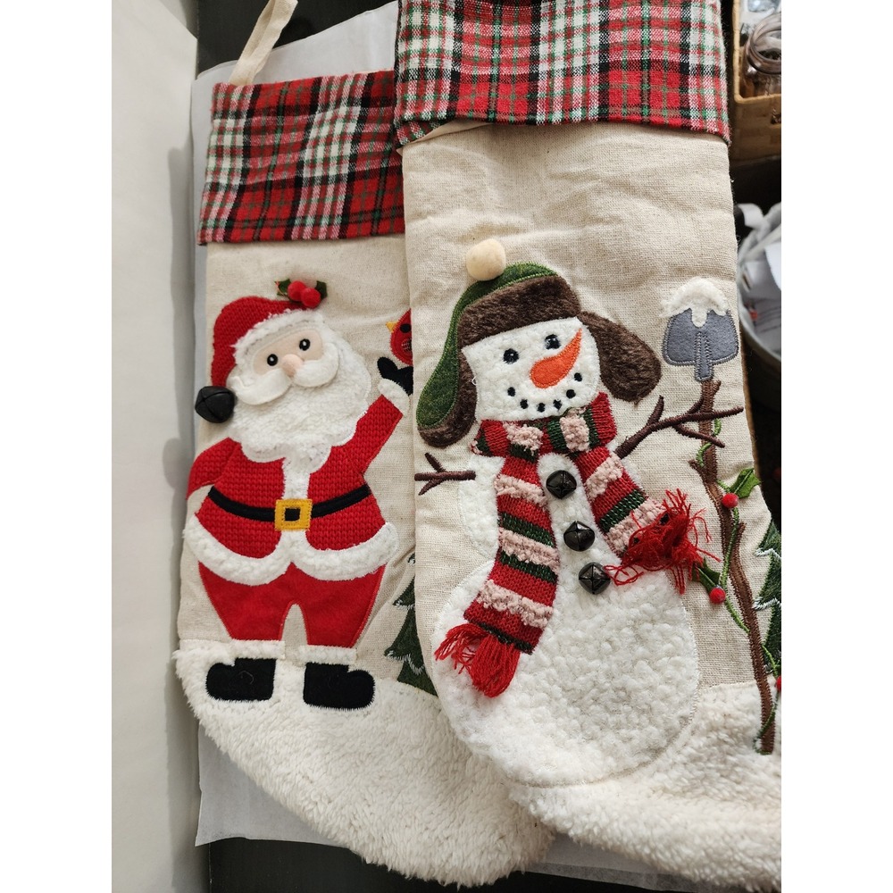Set of 2 Burlap Christmas Stockings Santa and Snowman Applique Plaid Cuff 18in